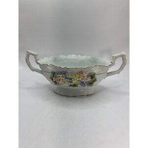 Antique Lefton Oval Bowl W/ Handles, Raised Flowers No Chips